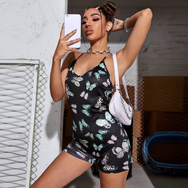 

Crisscross Backless Butterfly Print Cami Romper, Black