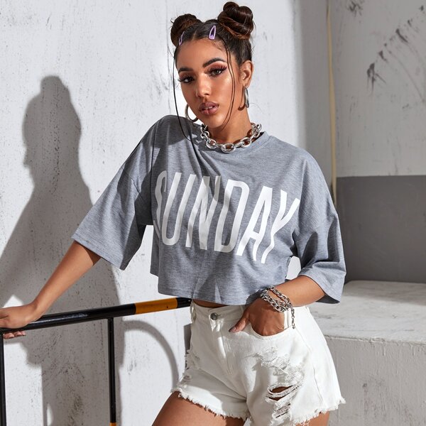 

Drop Shoulder Letter Graphic Crop Tee, Grey