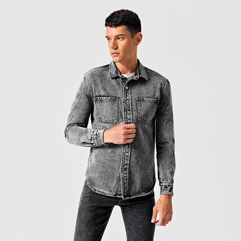 

Guys Button Front Curved Hem Denim Shirt, Dark grey