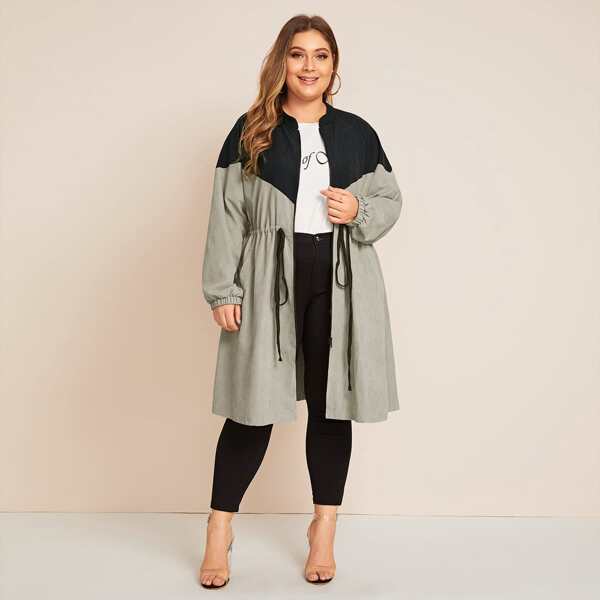 

Plus Two Tone Drawstring Waist Longline Bomber Jacket, Khaki