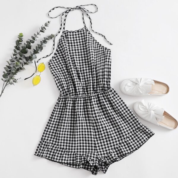 

Plus Halterneck Tie Back Gingham Ruffle Hem Romper, Black and white