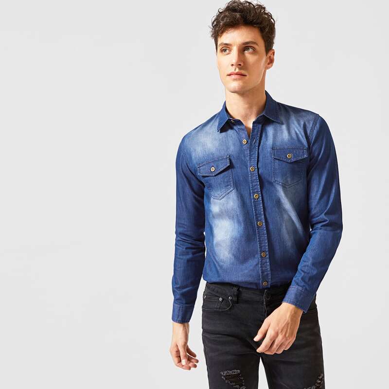 

Guys Flap Pocket Button Up Denim Shirt, Dark wash