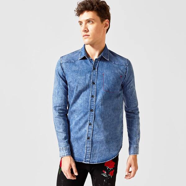 

Men Medium Washed Button Up Denim Shirt, Medium wash