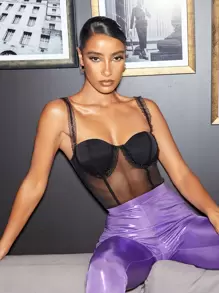 SHEIN BAE Lace Detail Mesh Bustier Bodysuit - Black - View 1