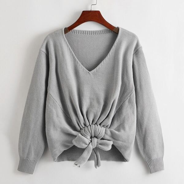 

Solid Knot Hem V-Neck Sweater, Grey