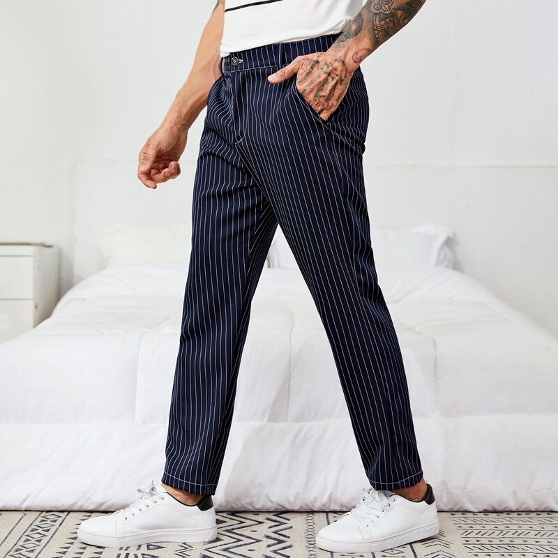 

Men Striped Button Fly Tailored Pants, Navy blue