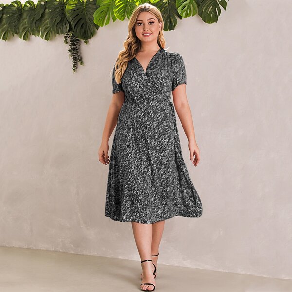 

Plus All Over Print Wrap Knotted Dress, Black