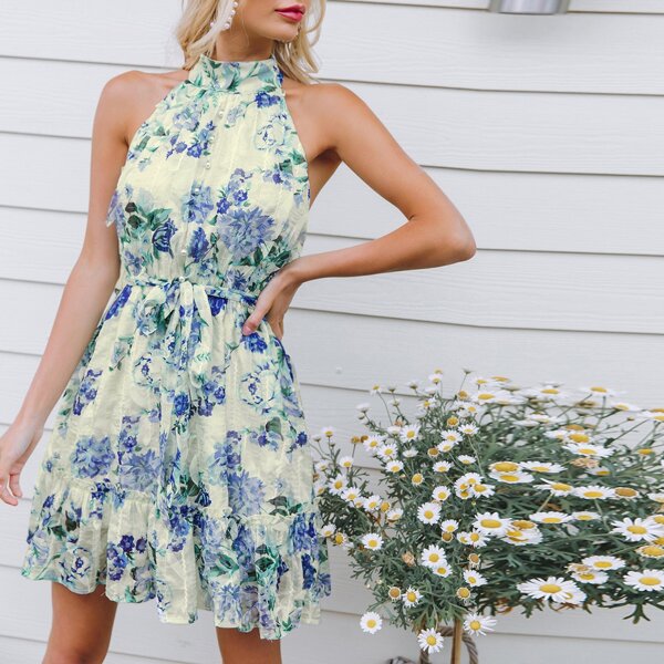 

Flounce Hem Floral Print Halter Dress, Multicolor