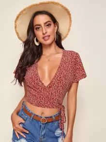 SHEIN 交叉領結飾側滿版植物圖案上衣 - 紅木色 - 查看 1