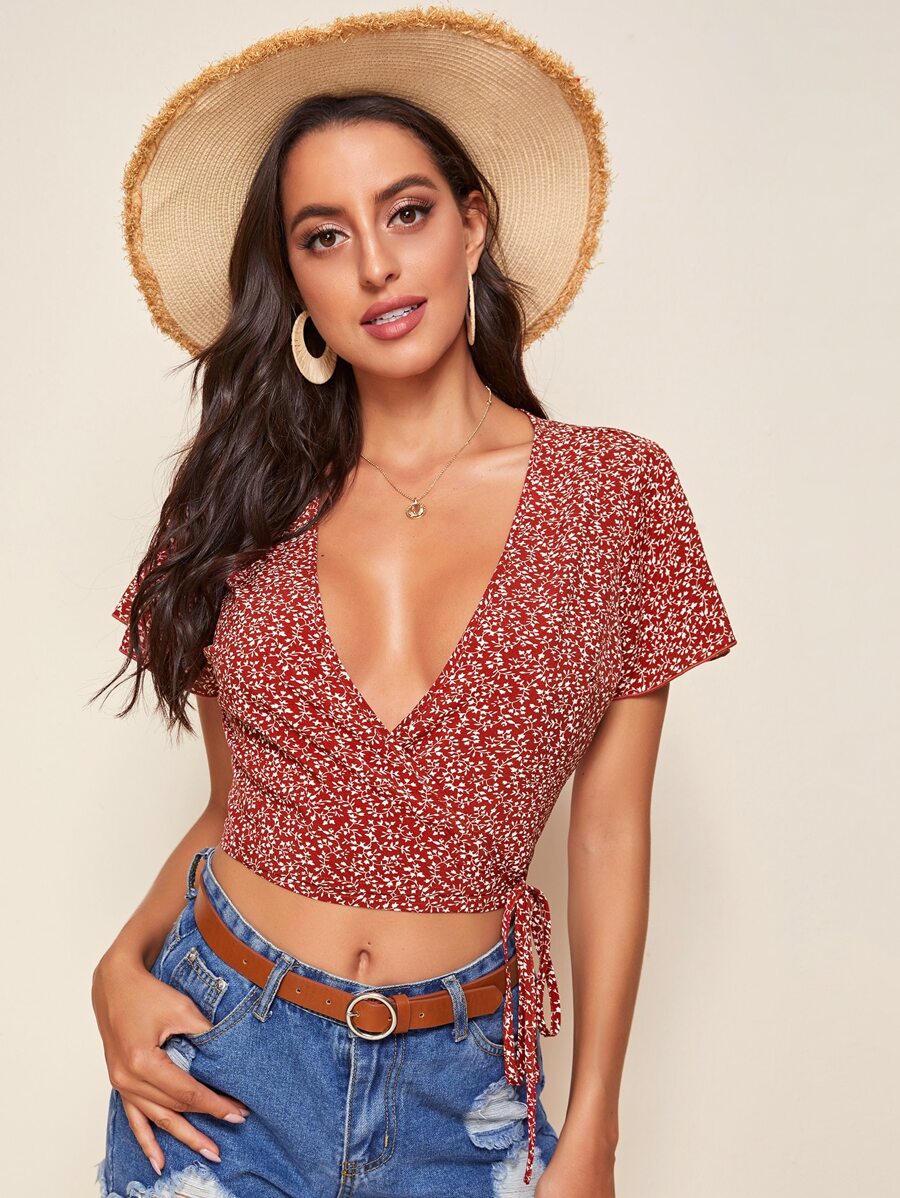 SHEIN 交叉領結飾側滿版植物圖案上衣 - 紅木色 - 查看 1