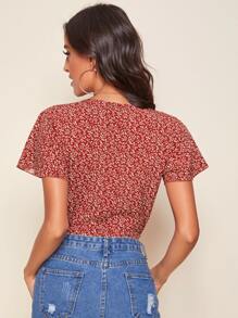 SHEIN 交叉領結飾側滿版植物圖案上衣 - 紅木色 - 查看 2