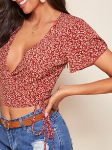 SHEIN 交叉領結飾側滿版植物圖案上衣 - 紅木色 - 查看 4