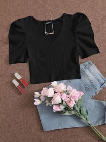 SHEIN Essnce Puff Sleeve Lace Trim Rib-knit Top - Black - View 1