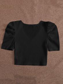 SHEIN Essnce Puff Sleeve Lace Trim Rib-knit Top - Black - View 2