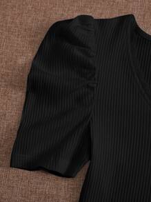 SHEIN Essnce Puff Sleeve Lace Trim Rib-knit Top - Black - View 3