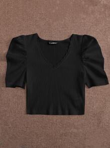 SHEIN Essnce Puff Sleeve Lace Trim Rib-knit Top - Black - View 5