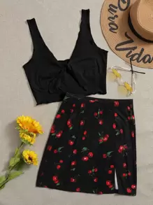 Soleia Tie Front Rib-knit Tank Top & Split Hem Cherry Print Skirt Set - Black - View 1