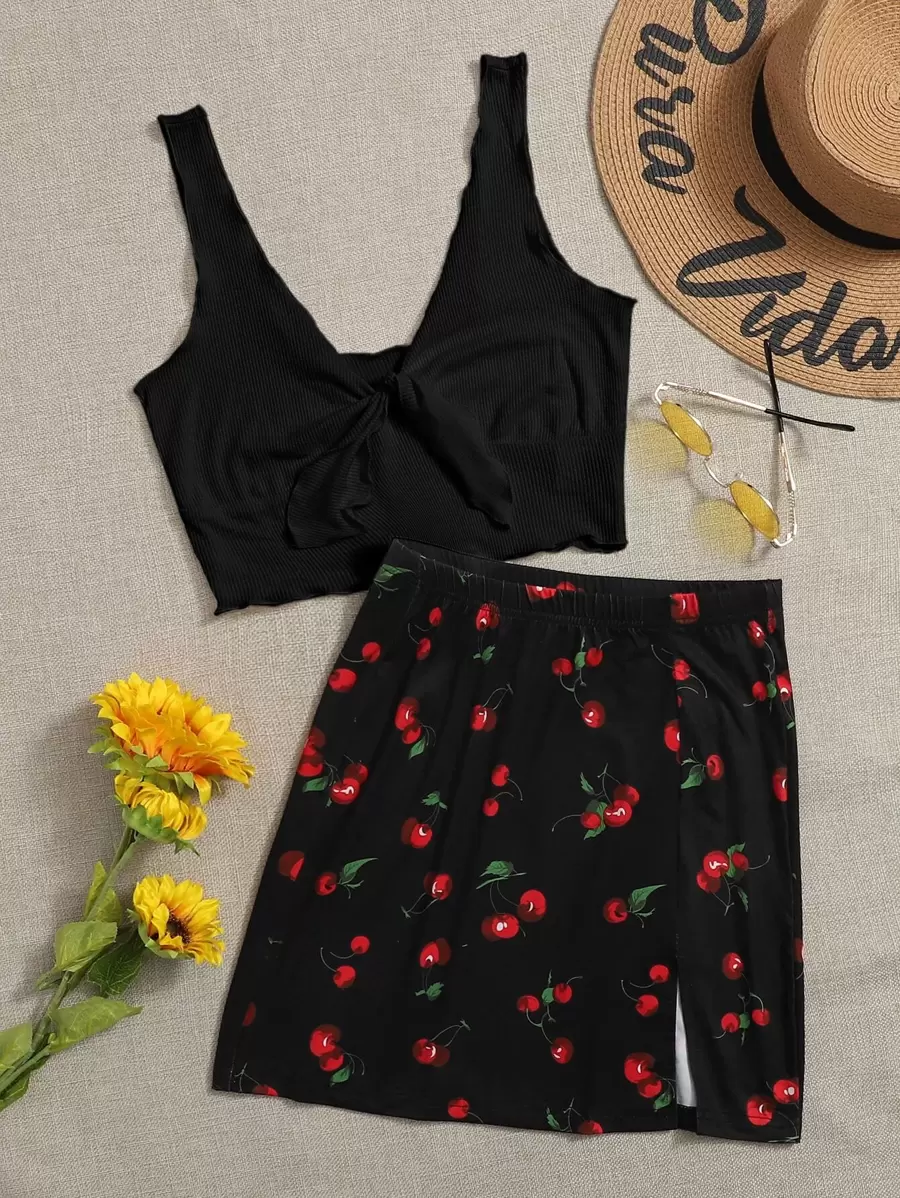 Soleia Tie Front Rib-knit Tank Top & Split Hem Cherry Print Skirt Set - Black - View 1