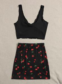 Soleia Tie Front Rib-knit Tank Top & Split Hem Cherry Print Skirt Set - Black - View 2