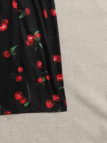 Soleia Tie Front Rib-knit Tank Top & Split Hem Cherry Print Skirt Set - Black - View 3
