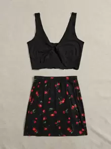 Soleia Tie Front Rib-knit Tank Top & Split Hem Cherry Print Skirt Set - Black - View 5