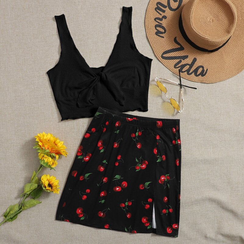 

Tie Front Rib-knit Tank Top & Split Hem Cherry Print Skirt Set, Black