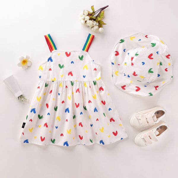

Toddler Girls Heart And Rainbow Stripe Cami Dress & Hat, White
