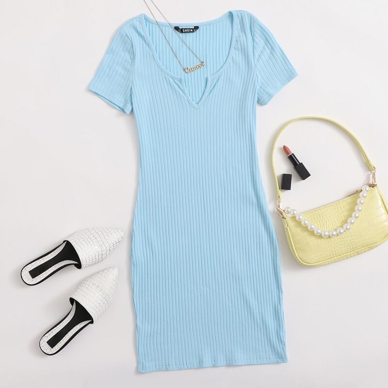 

Notch Neck Rib-knit Bodycon Dress, Baby blue