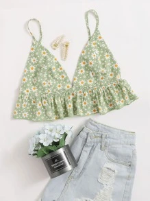 Soleia Daisy Floral Ruffle Hem Crop Cami Top - Mint Green - View 1