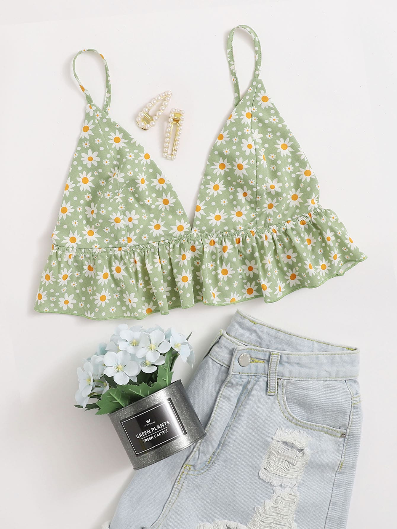 Soleia Daisy Floral Ruffle Hem Crop Cami Top - Mint Green - View 1