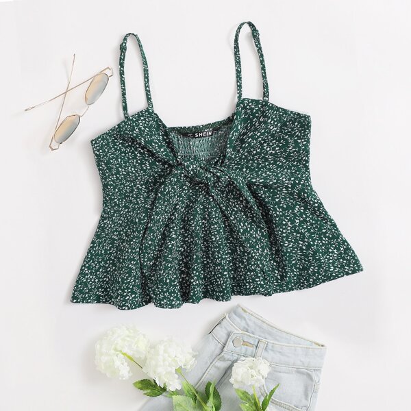 

Tie Front Shirred Back Allover Plant Peplum Cami Top, Dark green
