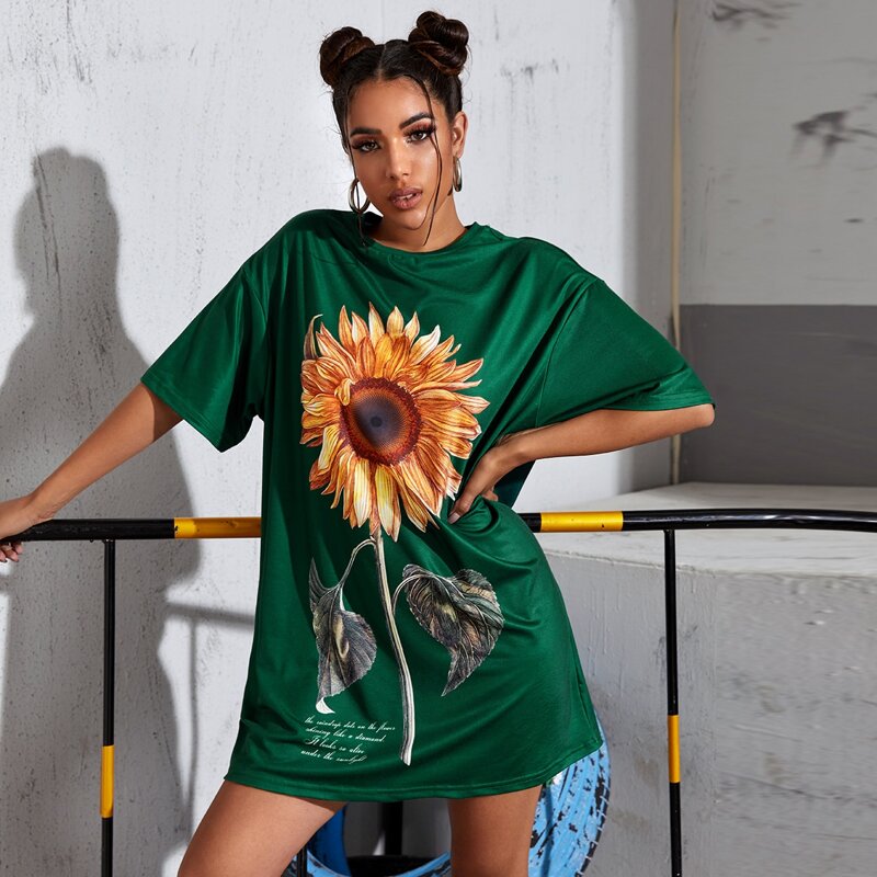 

Drop Shoulder Sunflower Print Dress, Dark green