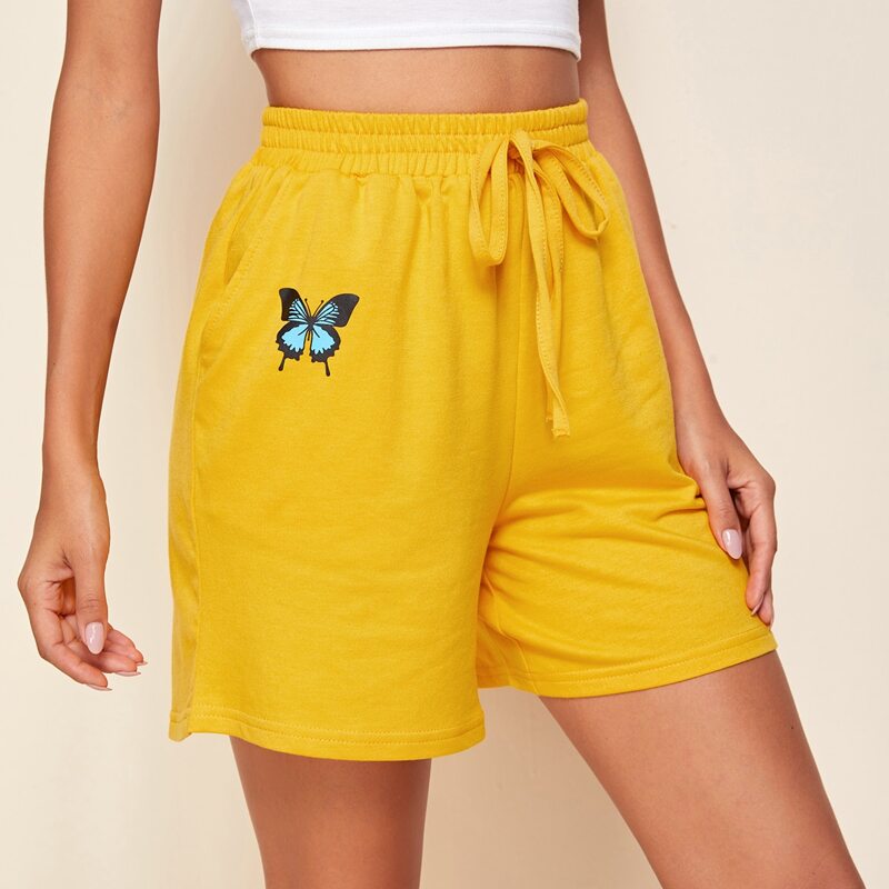 

Butterfly Print Tie Waist Track Shorts, Yellow bright