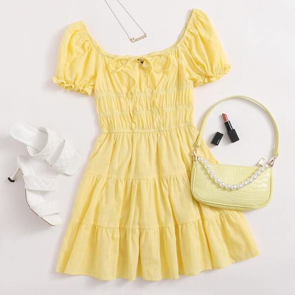 

Tie Front Puff Sleeve Ruffle Hem Dress, Yellow pastel