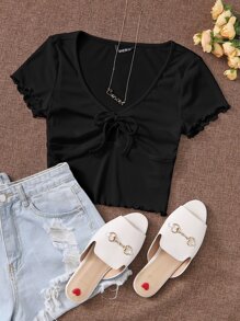 SHEIN MOD Lettuce Trim Tie Front Rib-knit Peekaboo Top - Black - View 1