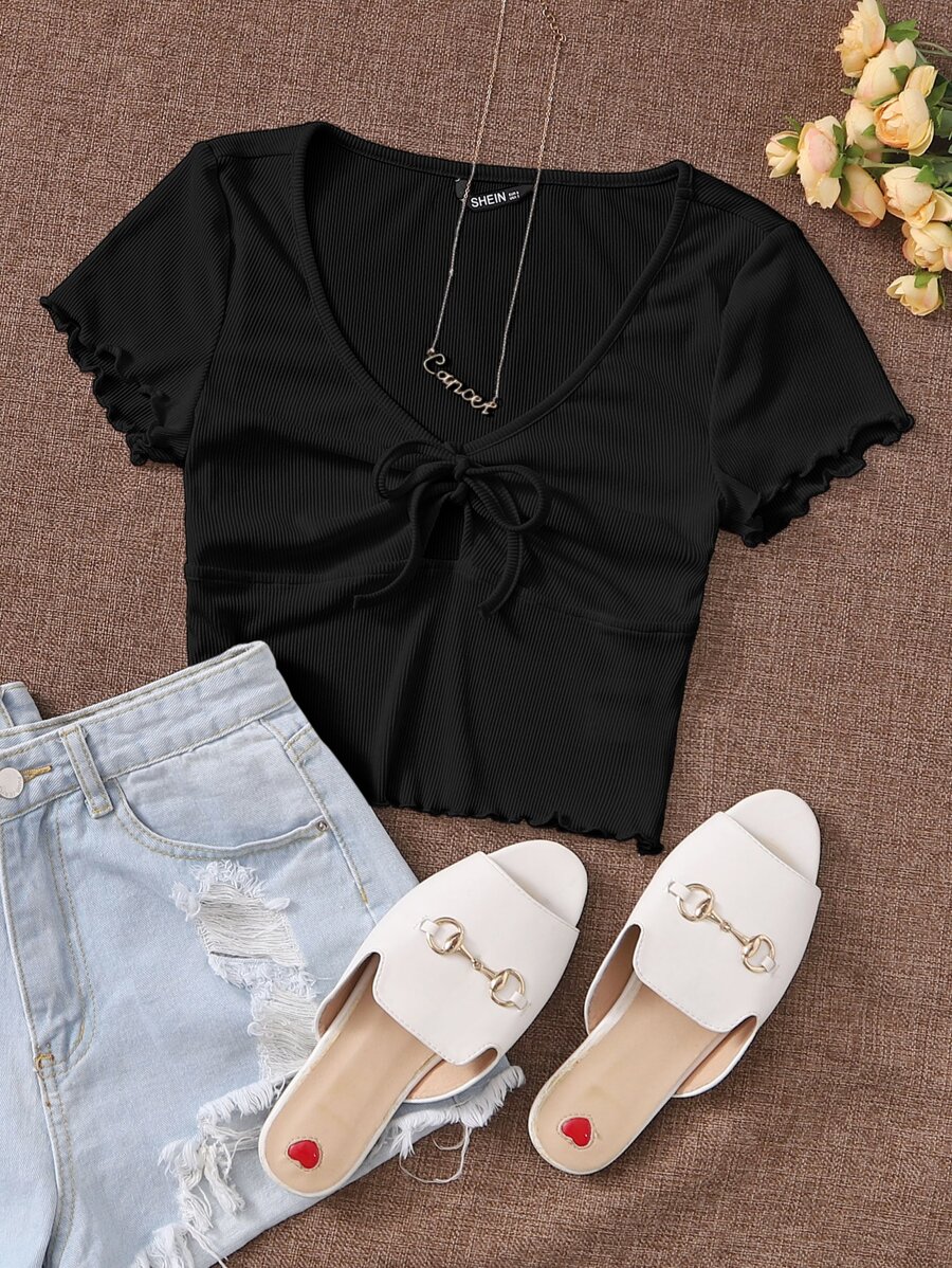 SHEIN MOD Lettuce Trim Tie Front Rib-knit Peekaboo Top - Black - View 1