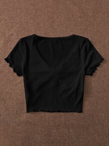 SHEIN MOD Lettuce Trim Tie Front Rib-knit Peekaboo Top - Black - View 2
