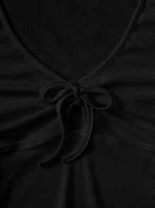 SHEIN MOD Lettuce Trim Tie Front Rib-knit Peekaboo Top - Black - View 3