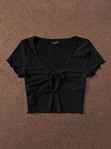 SHEIN MOD Lettuce Trim Tie Front Rib-knit Peekaboo Top - Black - View 5