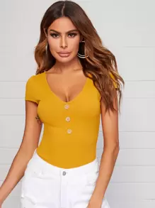 SHEIN LUNE Áo thun Gân đan màu trơn Màu Mù tạt vàng Giải trí - Màu Mù tạt vàng - Xem 1