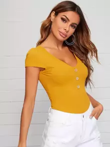 SHEIN LUNE Áo thun Gân đan màu trơn Màu Mù tạt vàng Giải trí - Màu Mù tạt vàng - Xem 5