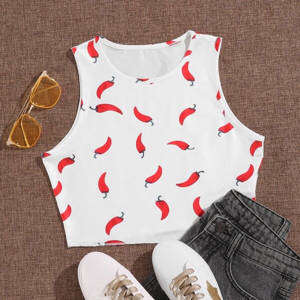 

Red Chili Print Crop Tank Top, White
