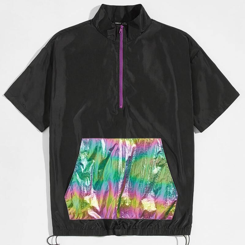 

Guys Zipper Half Placket Holographic Pocket Windbreaker Jacket, Black