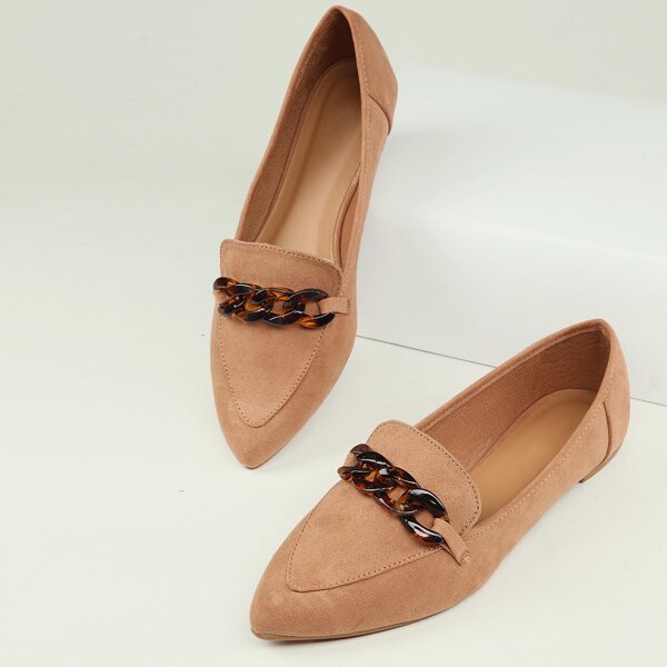 

Pointy Toe Chunky Chain Accent Ballerina Flats, Camel