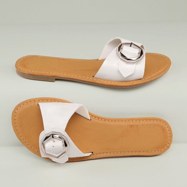 

Croc Embossed Buckle Accent Band Slide Sandals, White