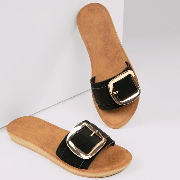 

Open Toe Buckle Detail Flat Slide Sandals, Black