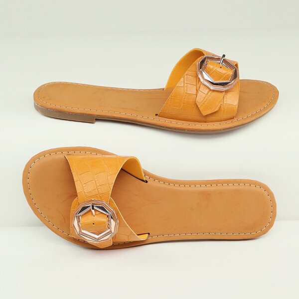 

Reptile Detail Charm Accent Open Toe Flat Sandals, Mustard yellow
