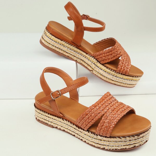 

Woven Band Open Toe Flatform Espadrille Sandals, Brown