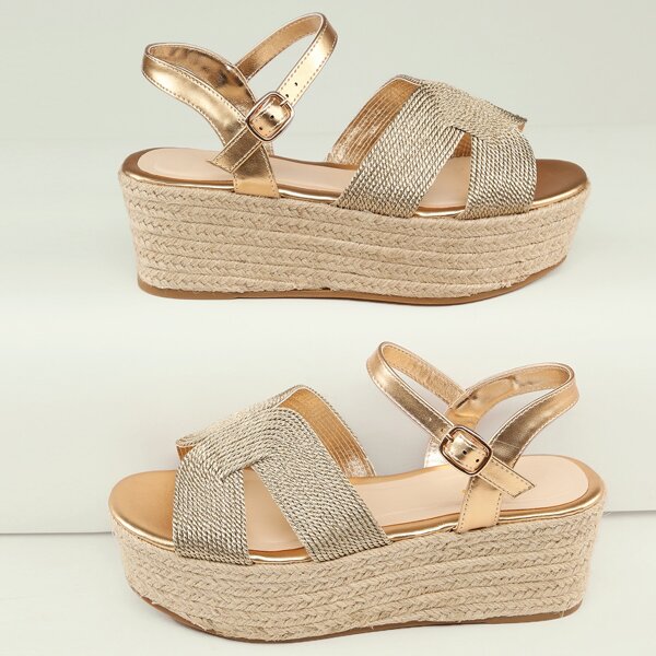 

Dual Cut Out Metallic Band Flatform Espadrilles, Gold