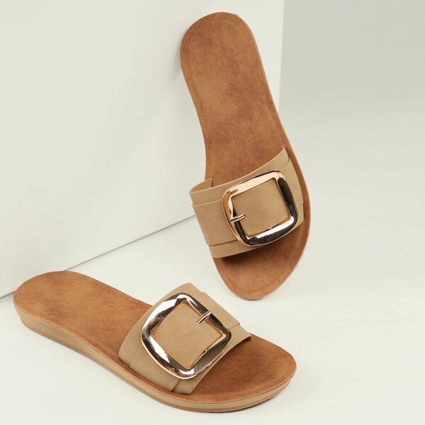 

Open Toe Buckle Accent Slip On Sandals, Khaki